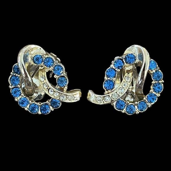 Vintage Blue Rhinestone Circular Earrings Gold Tone Clip On Clear Rhinestones - Picture 1 of 5